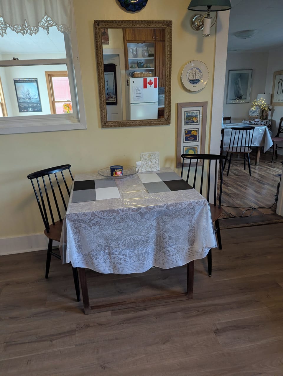 The spacious kitchen's table extends into a 6 seat dining table.