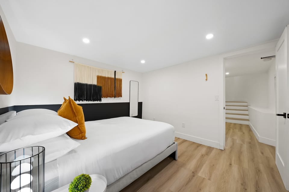 Modern bedroom with warm tones and clean design