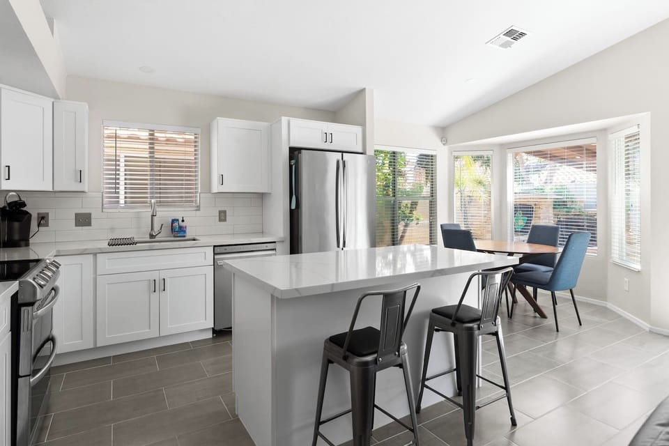 Our kitchen has been remodeled with nice appliances and everything you need to enjoy home cooked meals together.
