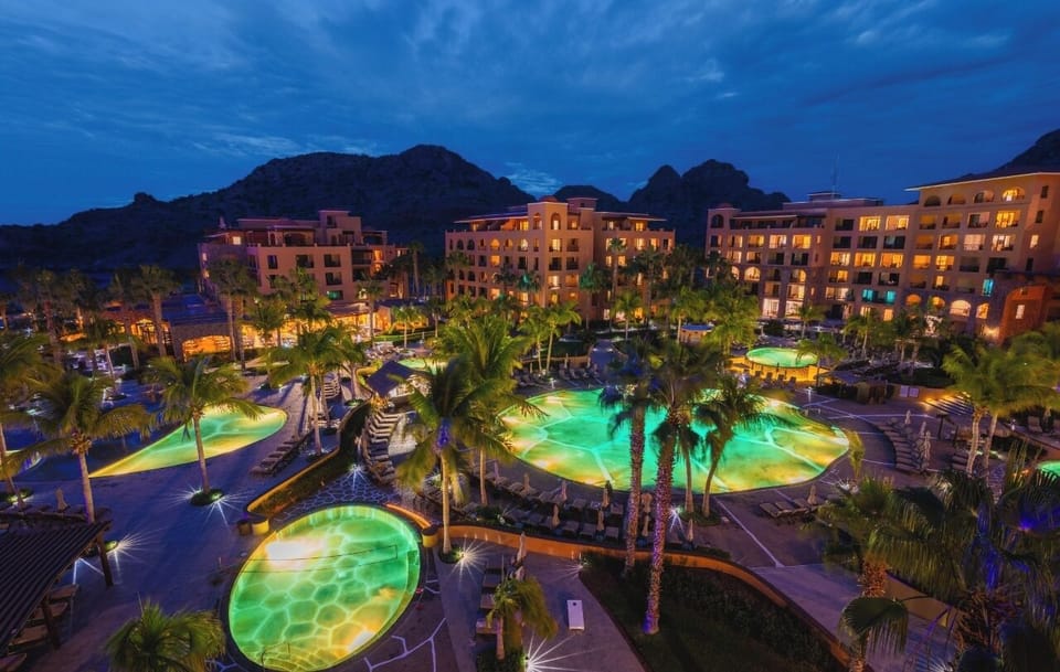 Pool/lounge area at night.
