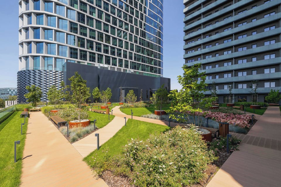 The building's stylish design complements its urban surroundings.