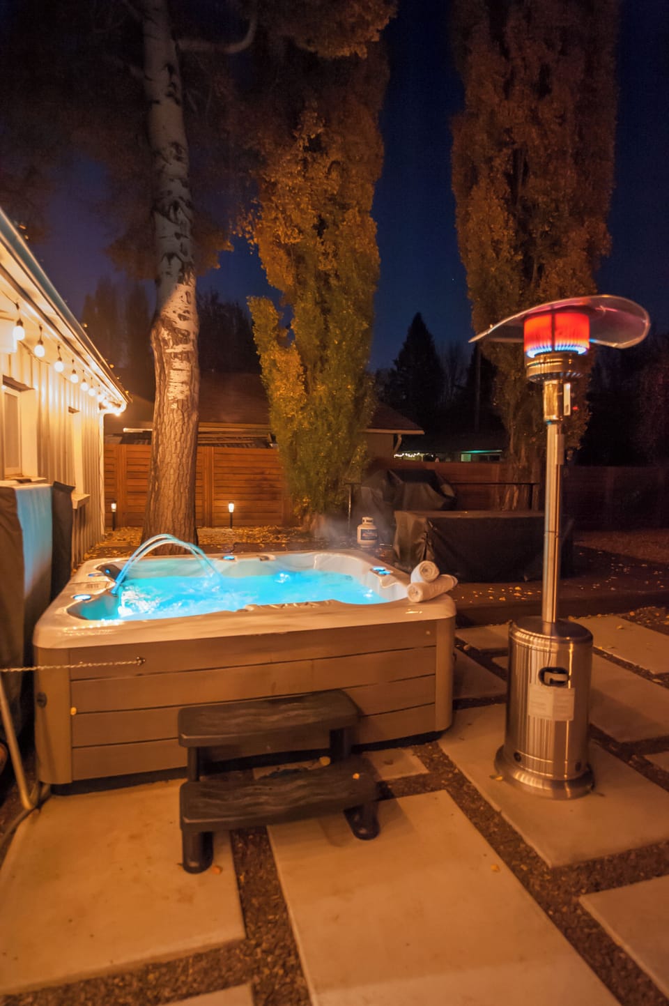 Hot Tub with patio heater and fire pit