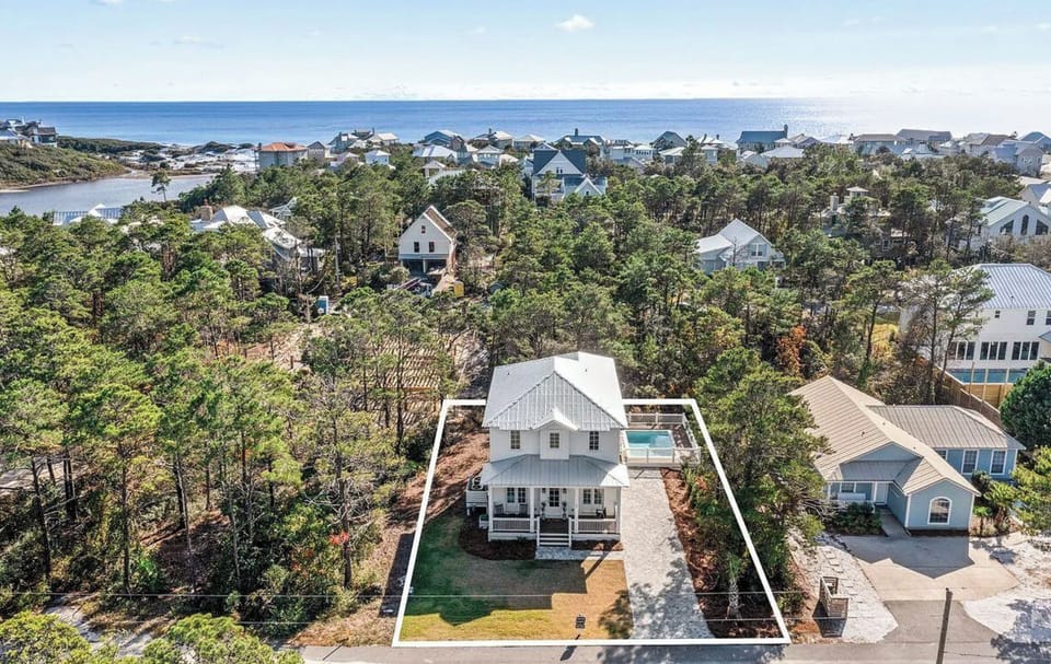 Newly built 5-bedroom home in Blue Mountain Beach, south of 30A.
Gulfview Heights beach access is in the upper right corner of picture