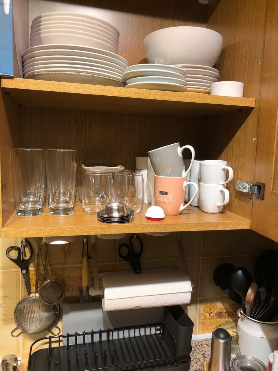 Kitchen storage with dishes, glasses, and essentials