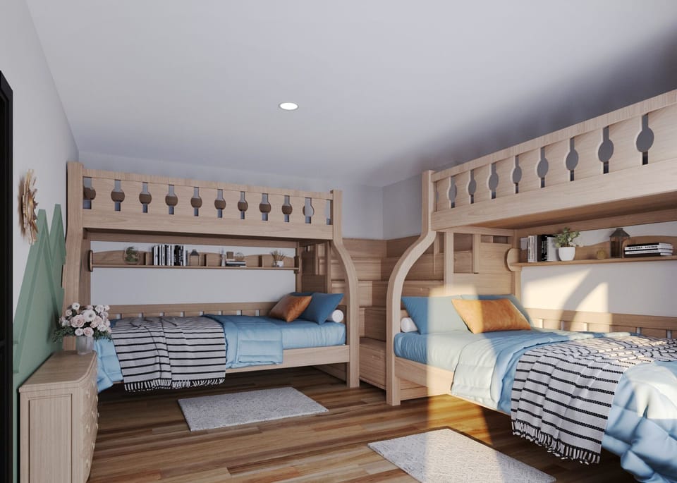 Bedroom 5 features 2 queen-over-queen bunk beds and an ensuite bathroom.