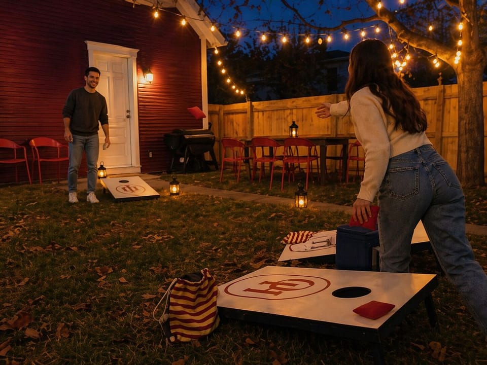 Evening fun in the backyard under warm string lights—cornhole and good company.