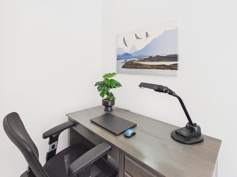 Workspace with a gray wood desk, black mesh office chair, adjustable black desk lamp, and wall art of flying birds.