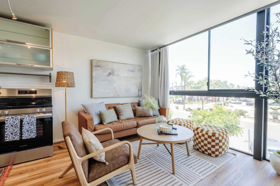 This stylish lounge space invites you to relax with a good book or morning coffee.