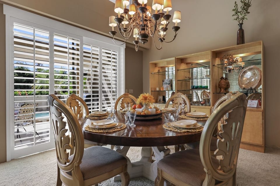 Game night or dinner at the round wooden dining room table