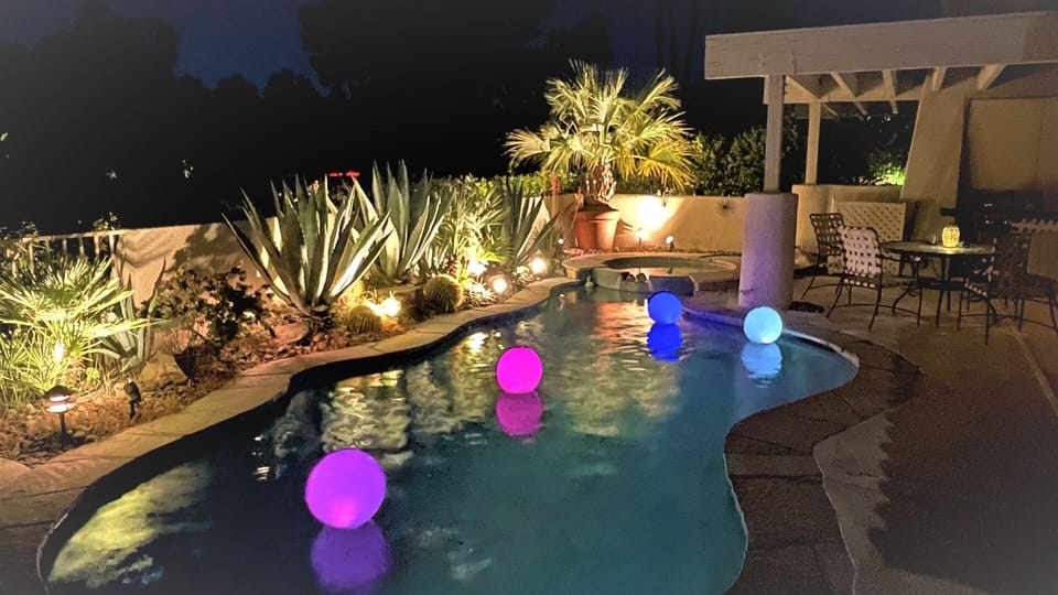 The back yards lights up at night