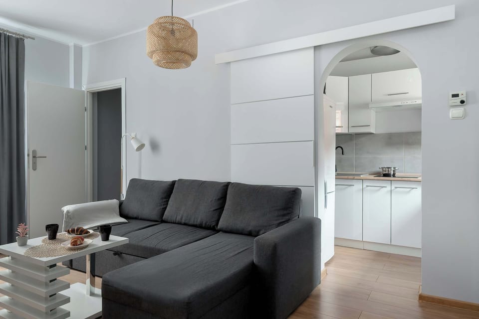 The living area features a sleek coffee table and a flat-screen television.