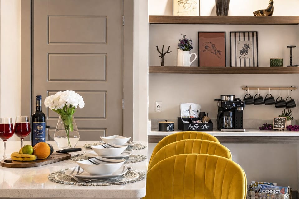 Chic dining space with a cozy coffee bar and stylish modern touches