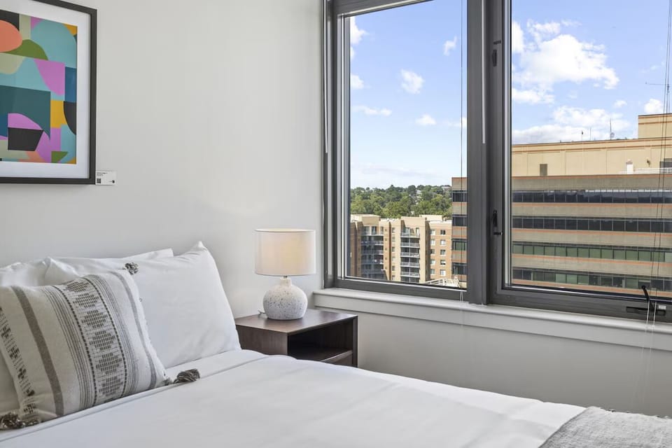 Wake up slowly to treetop vistas through tall windows.
