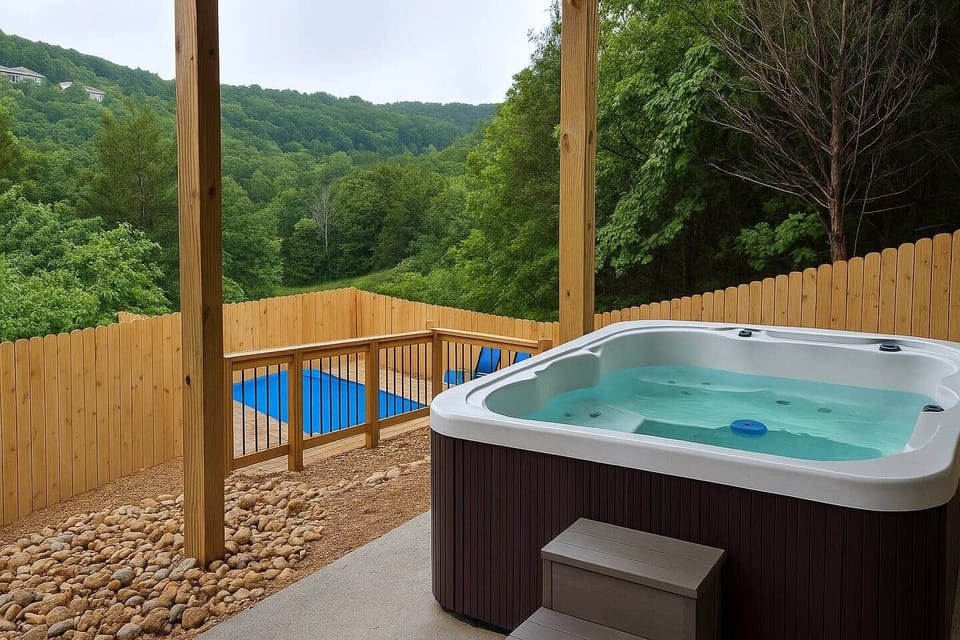 The plunge pool and the hot tub are at the same level. Both are private and secluded- in the middle of the forest.