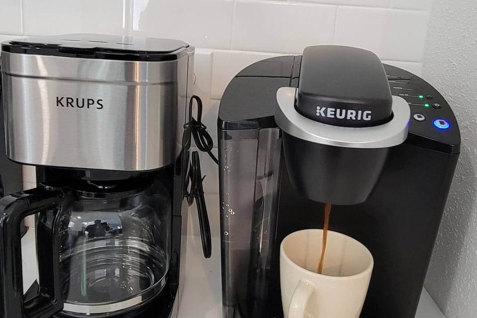 Start your day with a hot cup of Keurig coffee or brew a large pot of fresh coffee.