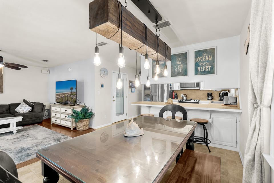 Bright, open dining and living area with modern farmhouse charm