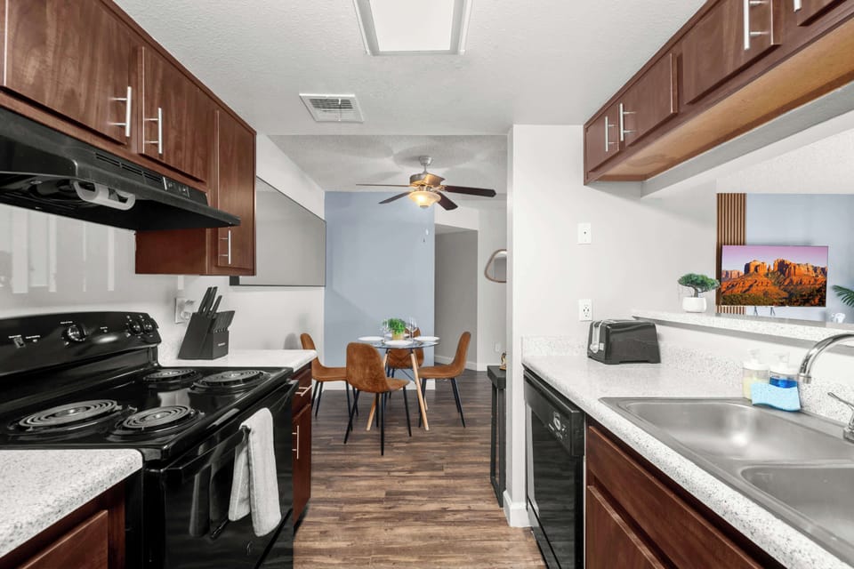 A clean, functional kitchen stocked with essentials for everyday cooking.