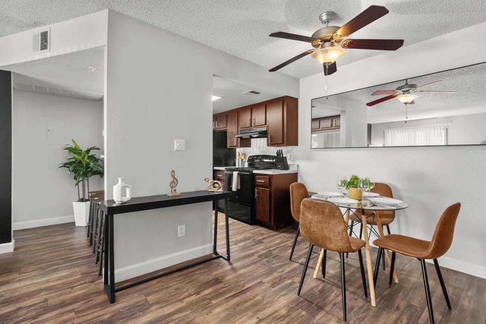 Dining space designed for both quick breakfasts and relaxed dinners.