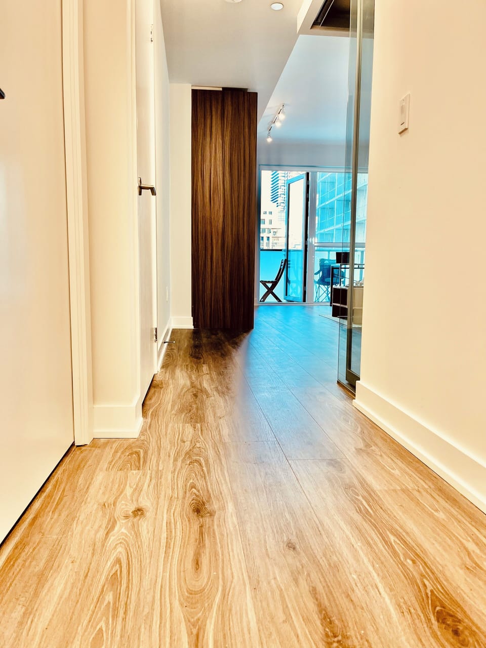Sleek entrance with a stylish view and elegant wooden flooring.