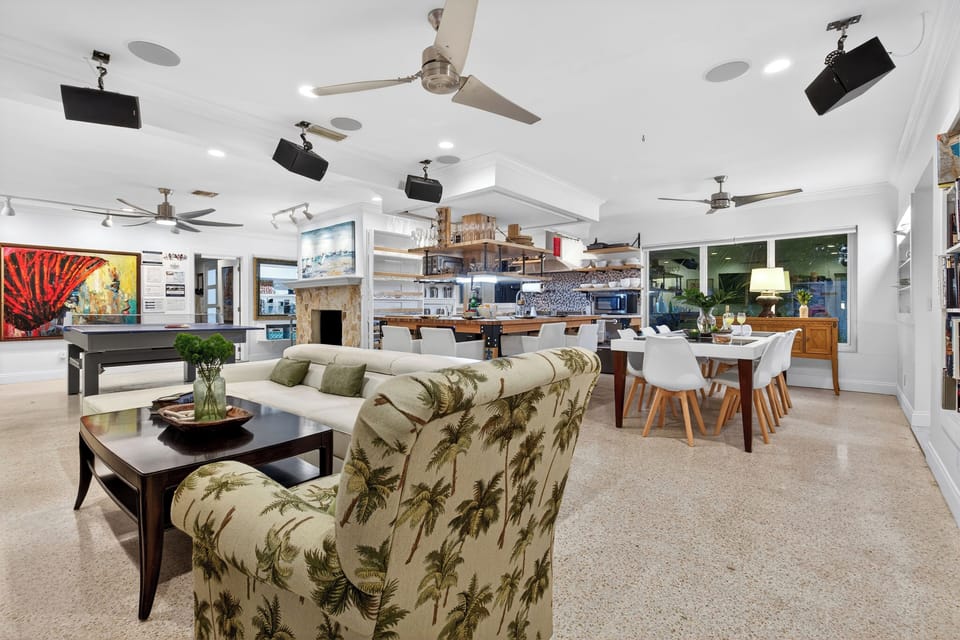 Spacious open-concept living, dining, and game room perfect for groups.