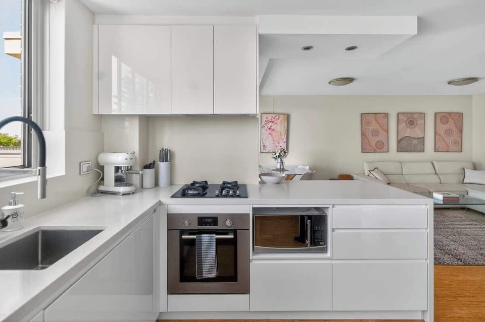 A fully equipped kitchen featuring modern appliances, complimentary coffee and tea, and all the essential cooking provisions.