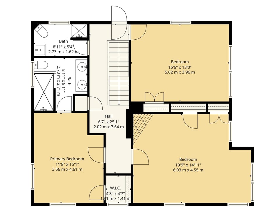 Clear floor plan shows the spacious upper level with three comfortable bedrooms, full bathroom, and thoughtful layout for your stay.