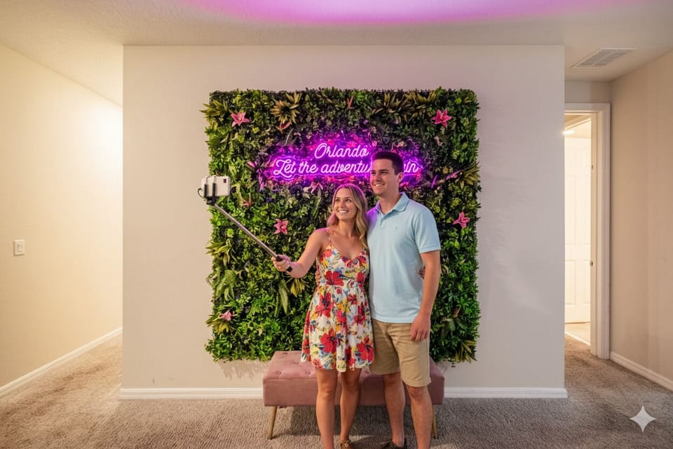 Covered lanai lounge with poolside seating — Sawyer Palm Kissimmee