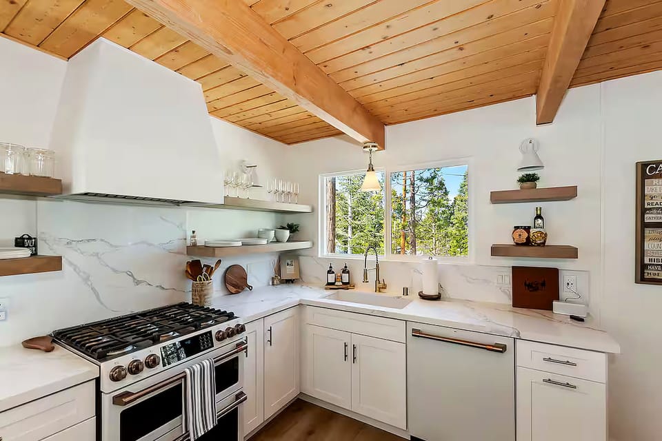 Open shelves for easy access to dish ware and glasses.