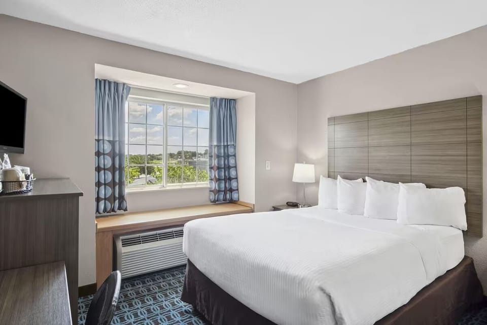Unwind in a sunlit king room with calming views.