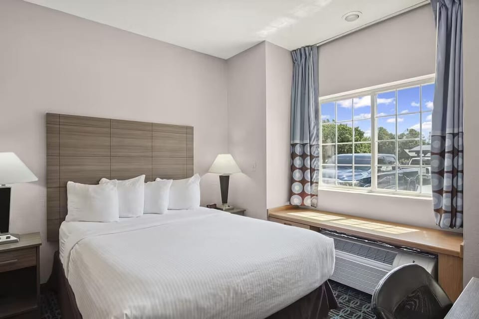 Wake up to natural light beside a wide, comfy bed.