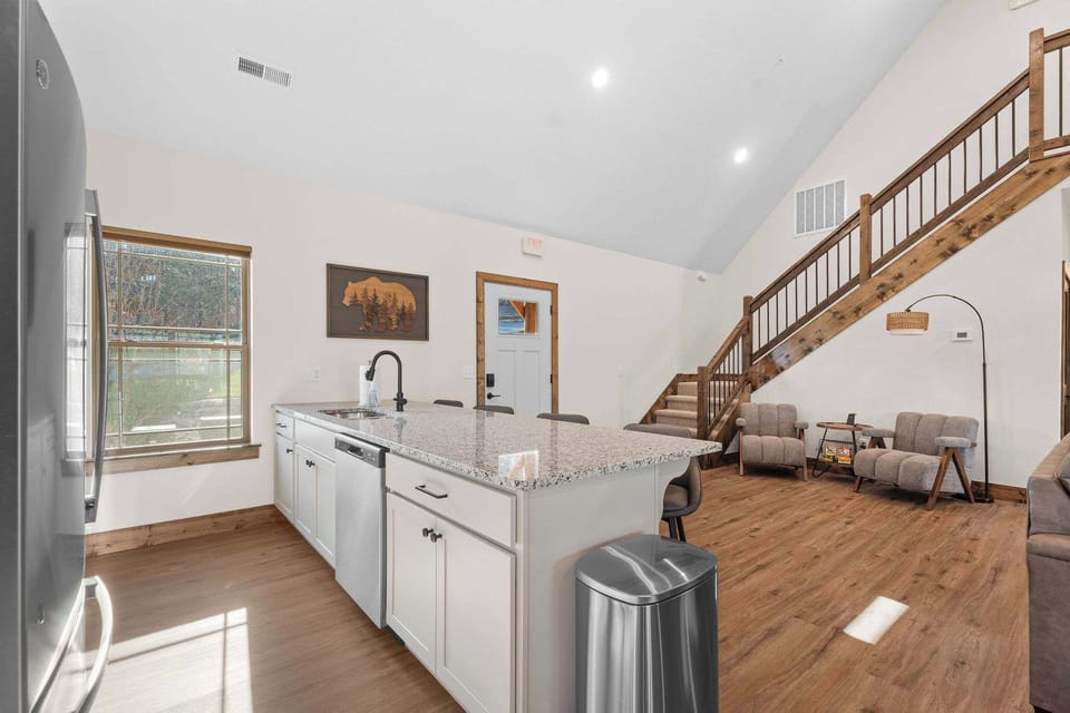 The kitchen greets you as soon as you walk in.