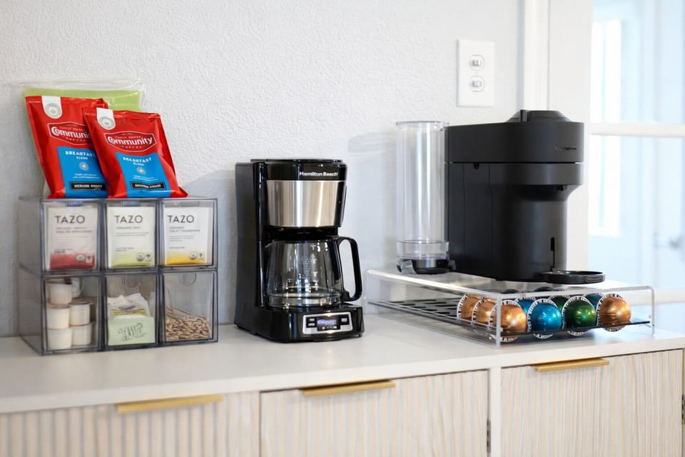 Coffee & Tea Station: drip coffee maker and Nespresso