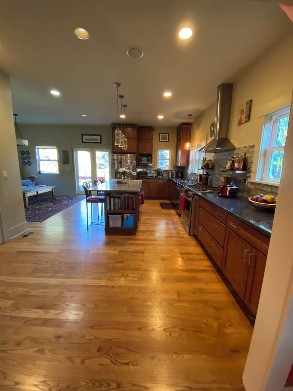 View from living room into kitchen with island