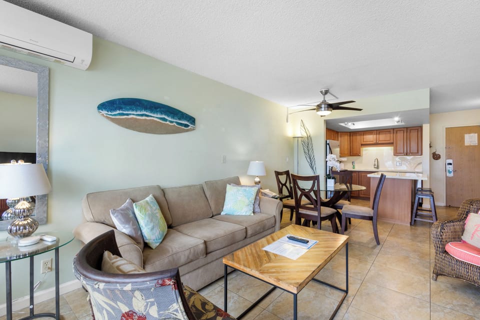 Unwind in your spacious coastal retreat with plush seating, ocean-inspired decor, and a fully equipped kitchen perfect for your beach getaway.