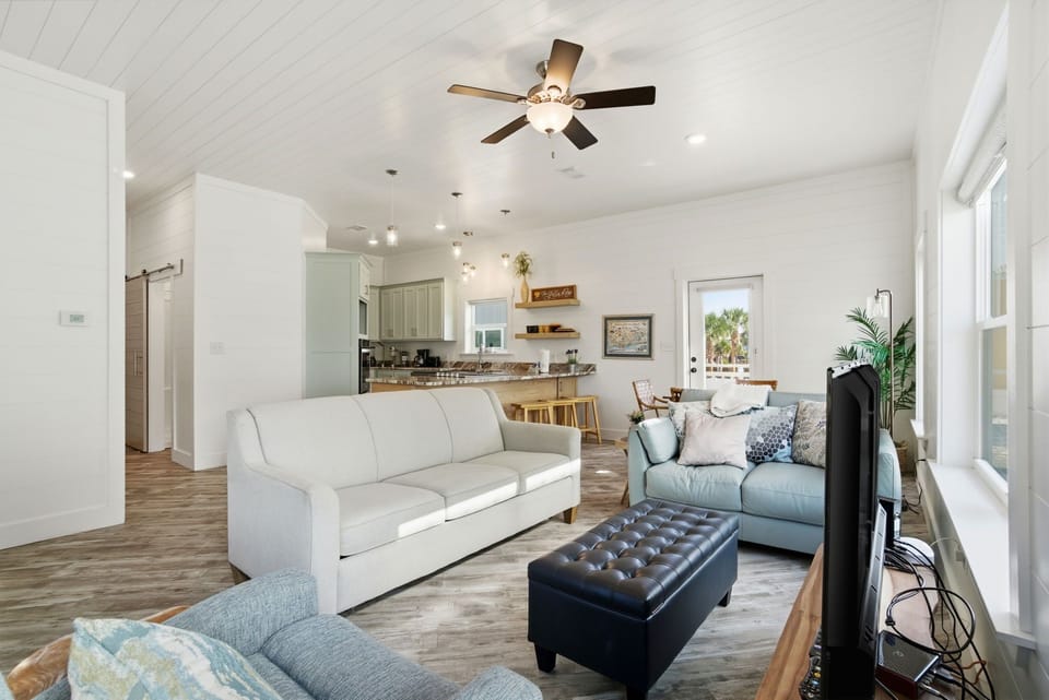 Open concept living room, dining and kitchen