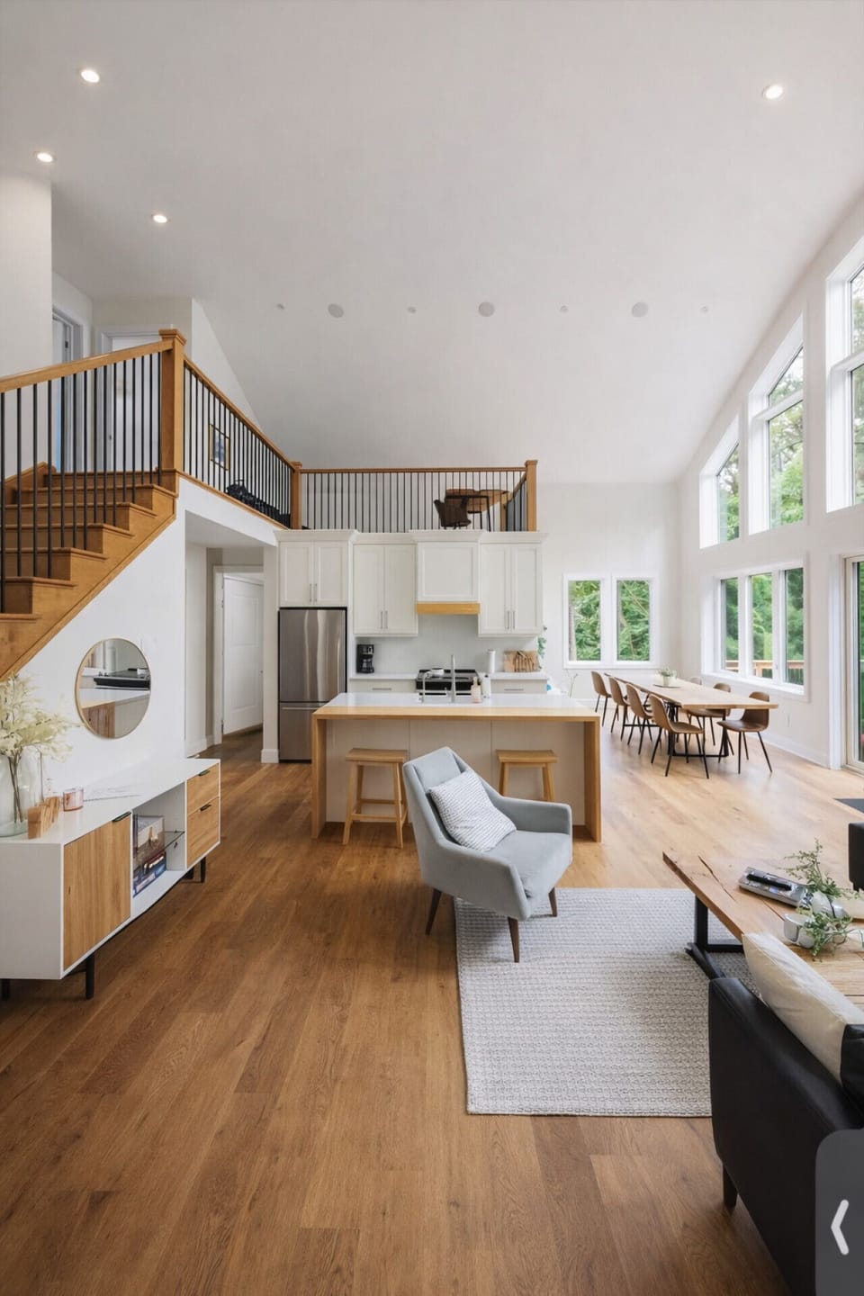Open Concept Kitchen, Dining, Living with Lake Views from inside