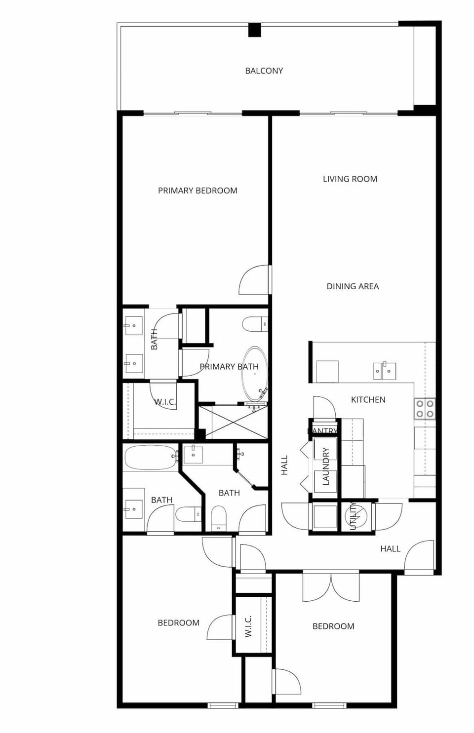 Spacious floor plan showing an  open living area, private bedrooms, and balcony.