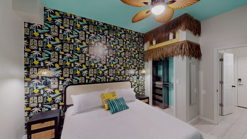 King bedroom featuring a unique thatch-style design for a warm, tropical feel.