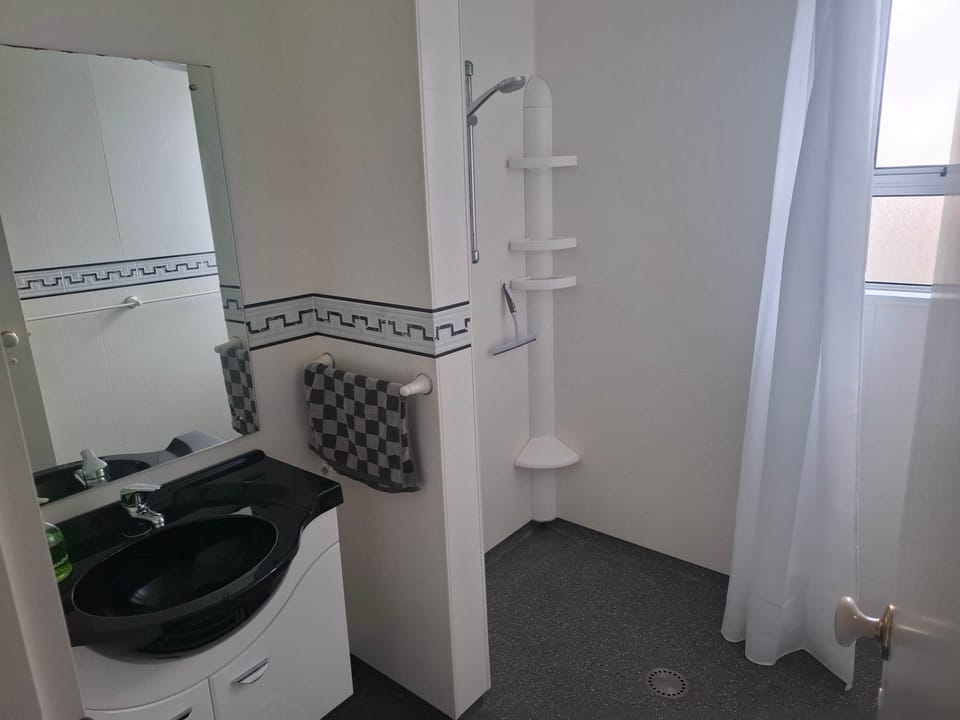 Spacious walk-in wet-area shower with continuous gas hot water—never run out during group stays!