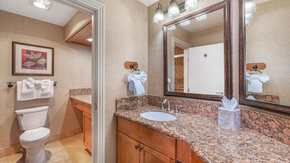 Get ready easily with a wide granite vanity and bright lighting.