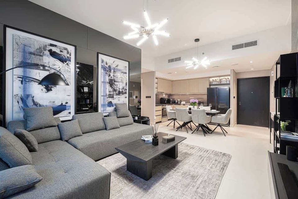 Airy open-plan living area perfect for relaxing with Downtown Dubai scenery
