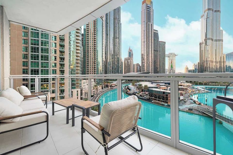 A stylish outdoor retreat with panoramic views of Downtown Dubai’s landmarks