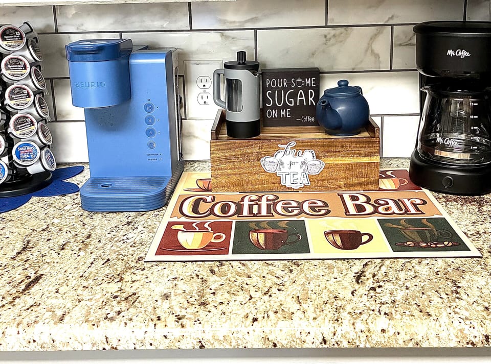 Fully Stocked Coffee Bar: Tea, Coffee Pot, Keurig, Grinder, Mini French Press