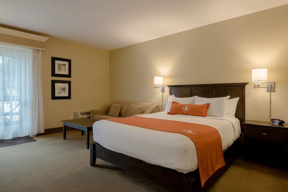 Relax into plush comfort beside sunlit patio doors and sofa.