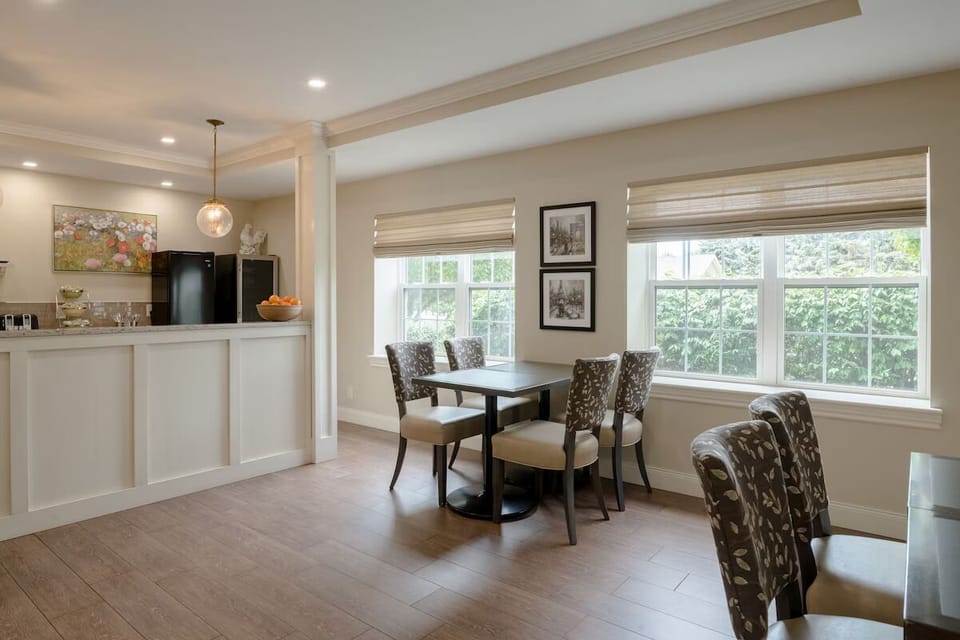 Start your morning with coffee in this sunny dining nook.