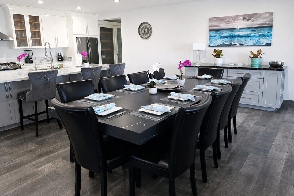 Custom Italian porcelain dining table with leather seating for 10