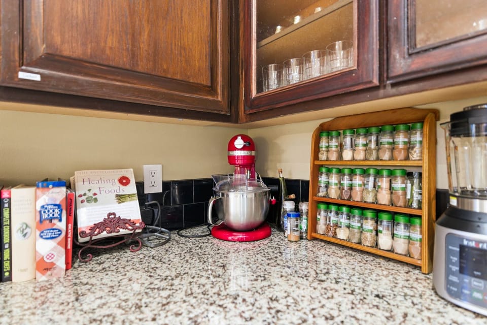 Cook books, mixer and spices.