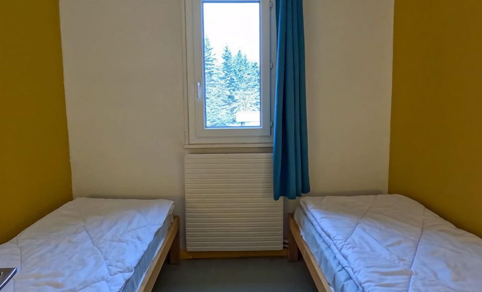 This bright and cozy bedroom features two single beds, adorned with soft bedding, inviting warmth, and a serene view of the snowy Jura mountains through the window.