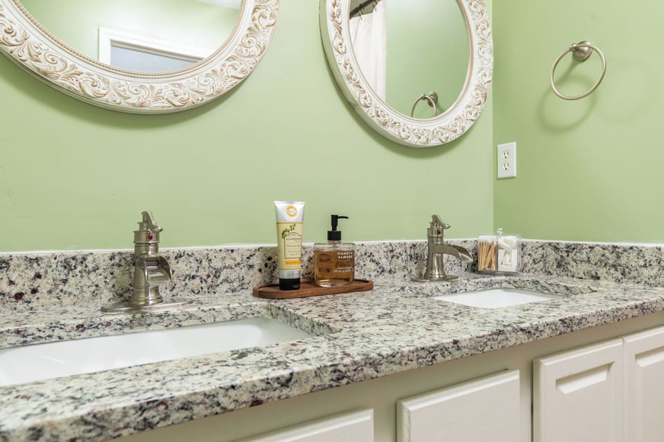 Double vanity provides extra room when getting ready.