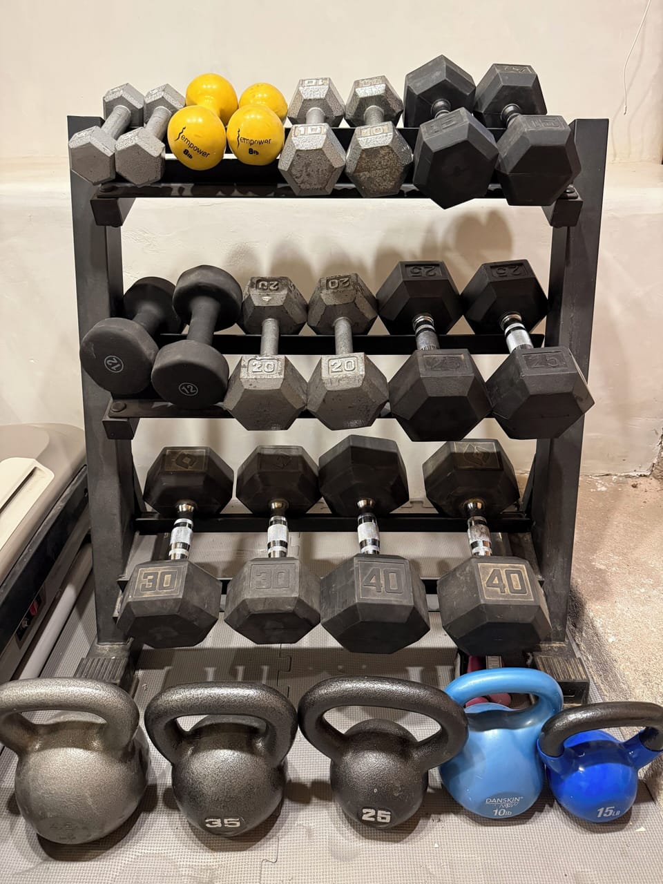 Dumbbells and kettle bells available 